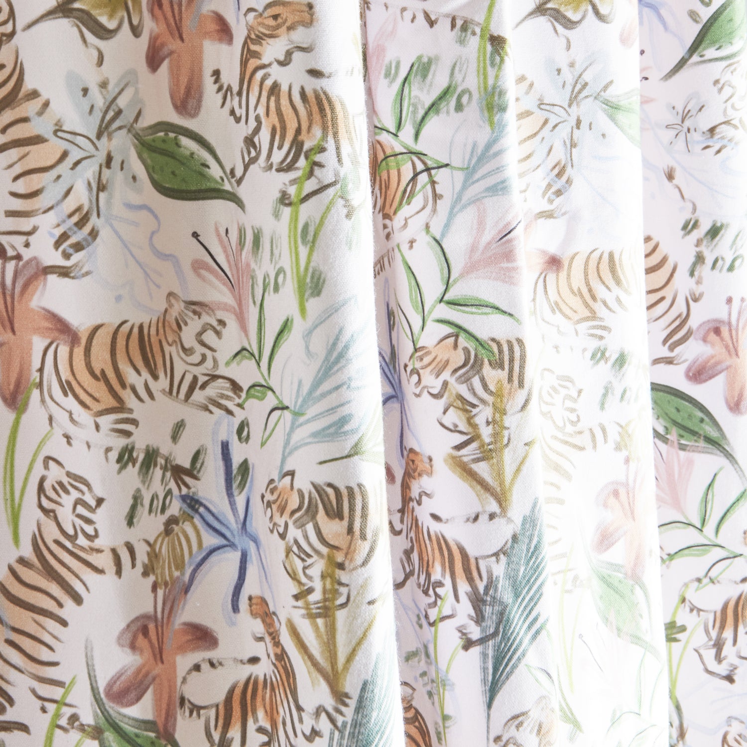 close up of Pink Chinoiserie Tiger Printed Cotton curtain