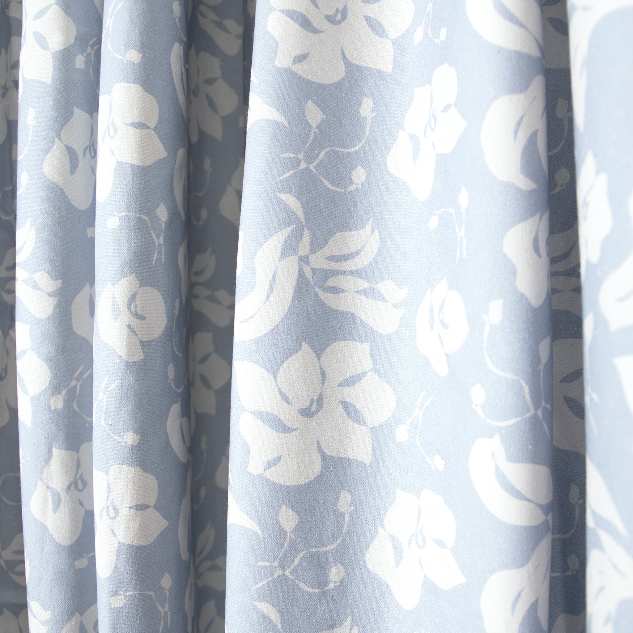 Cornflower Blue Floral Printed Curtain Close-Up