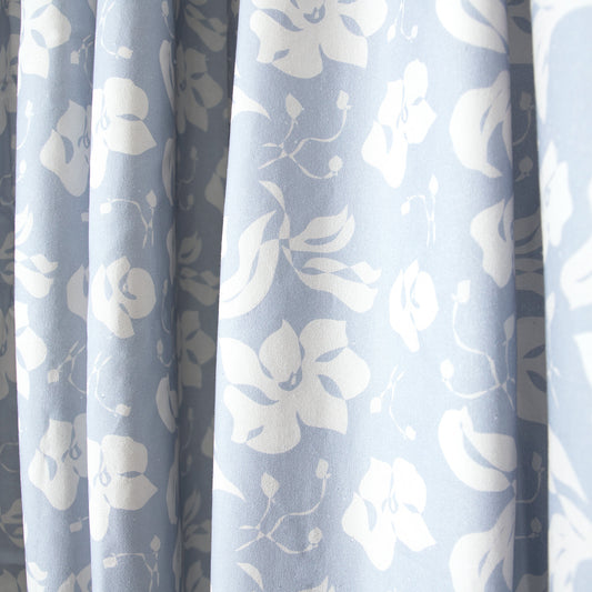 Cornflower Blue Floral Printed Curtain Close-Up