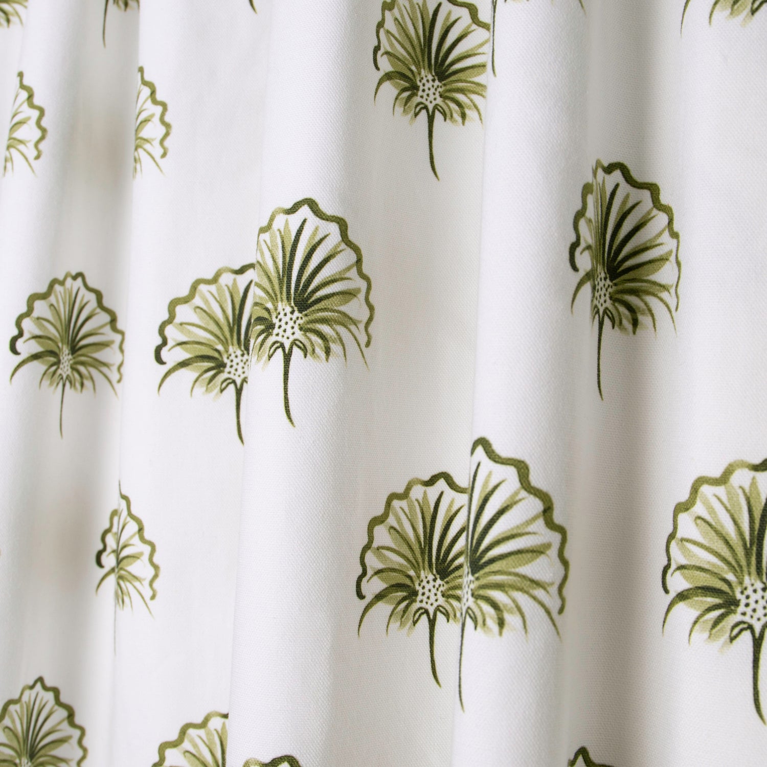 Penelope Moss Curtain sold per panel with custom, sophisticated green leaf drop print by Pepper Home.