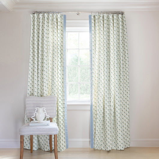 Annabelle Peacock Tailored Pleat curtains with custom abstract floral pattern on neutral backdrop by Pepper Home.