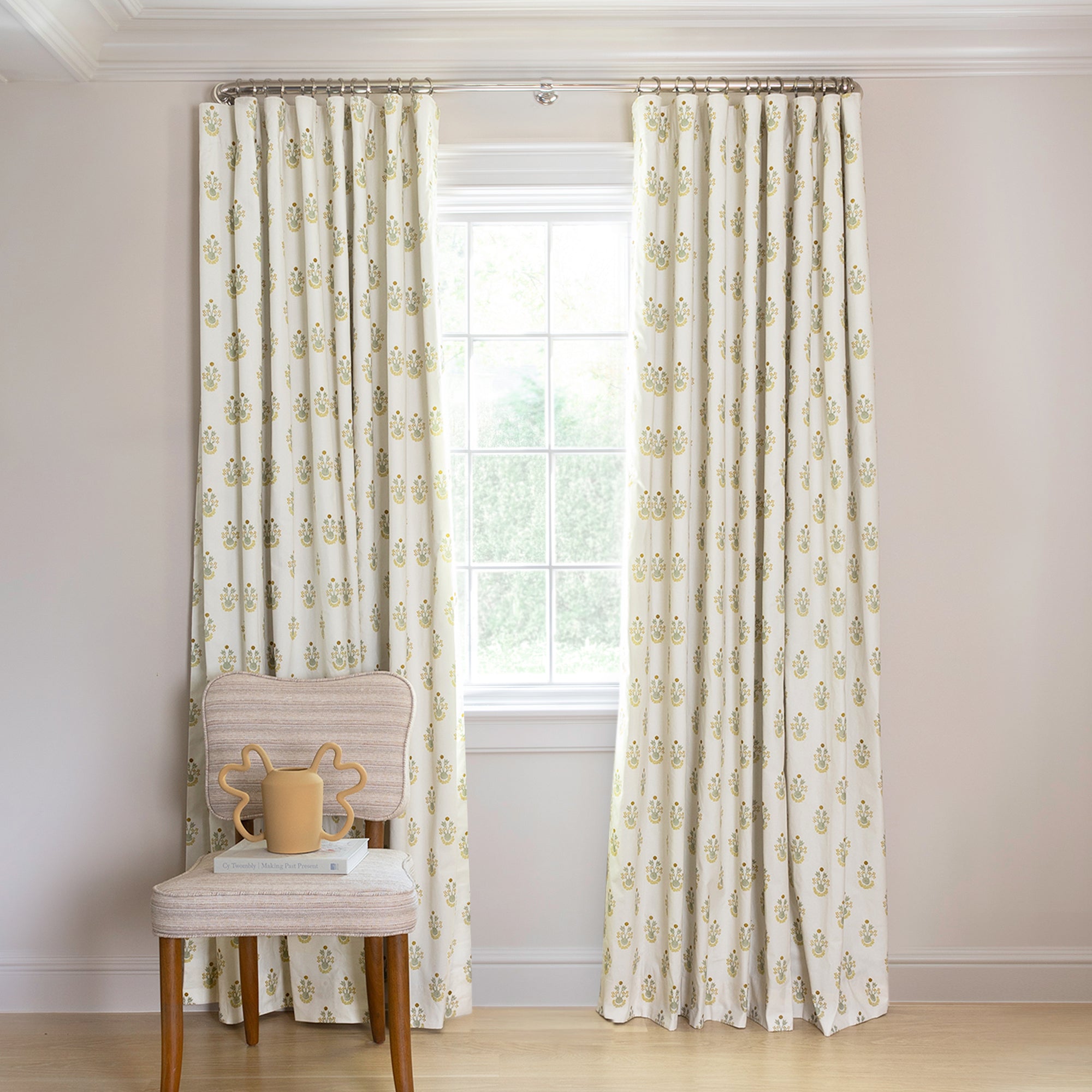 Lucie Chamomile Tailored Pleat made-to-order curtains in soft printed cotton, fast turnaround, quality crafted, manufactured in the USA