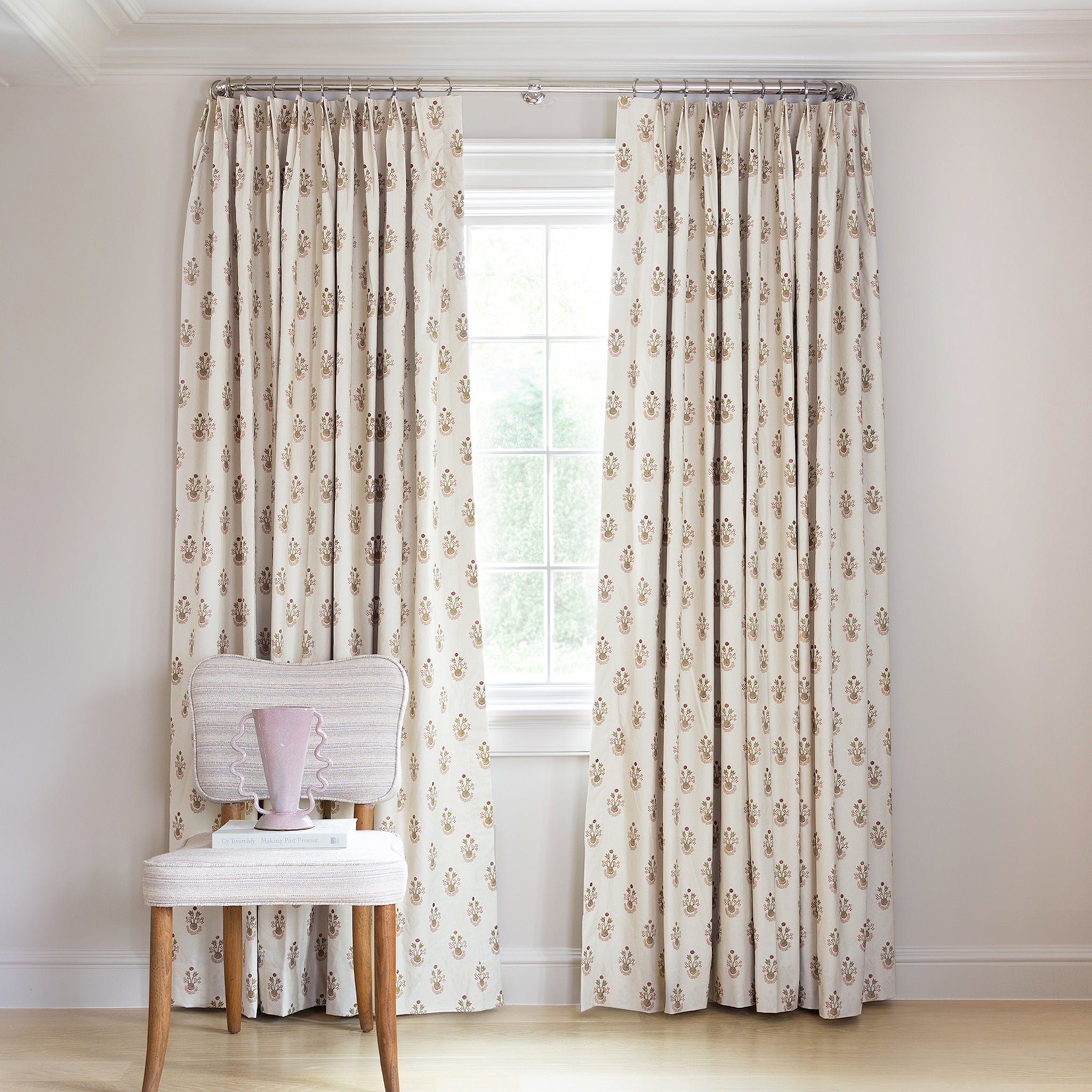 Lucie Clay Tailored Pleat drapes with subtle floral print on cream fabric, made-to-order, short lead times, manufactured in the USA quality