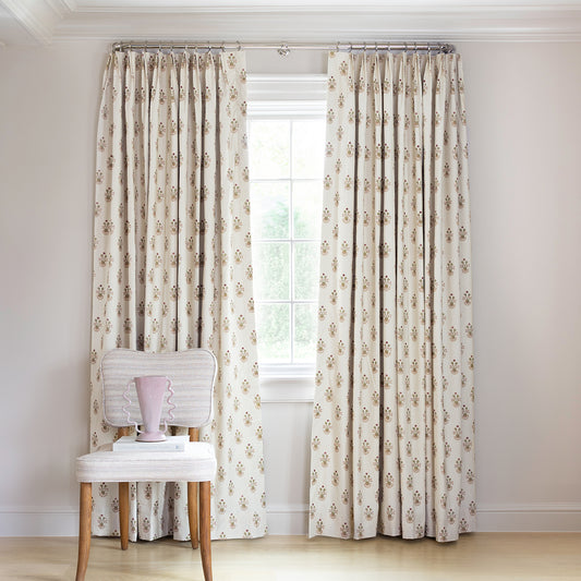 Lucie Clay Tailored Pleat drapes with subtle floral print on cream fabric, made-to-order, short lead times, manufactured in the USA quality