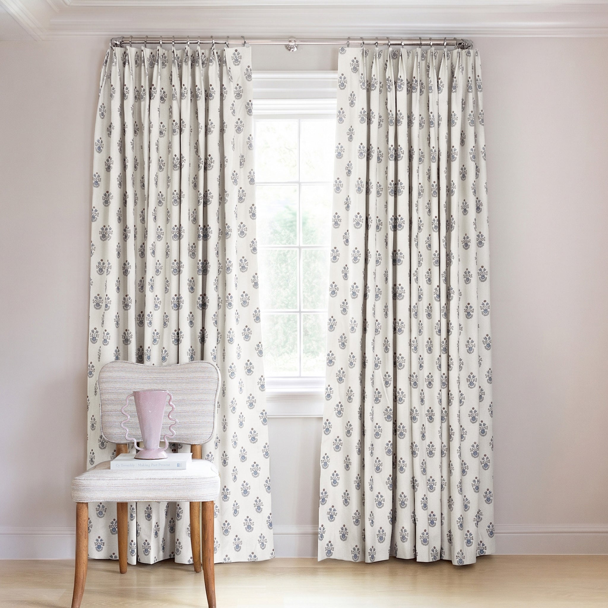 Lucie Cornflower Tailored Pleat curtains in soft white with blue floral print, made-to-order, fast lead times, USA quality craftsmanship