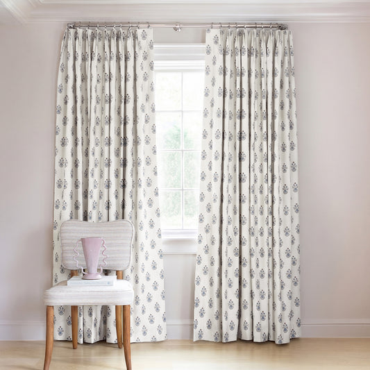 Lucie Cornflower Tailored Pleat curtains in soft white with blue floral print, made-to-order, fast lead times, USA quality craftsmanship
