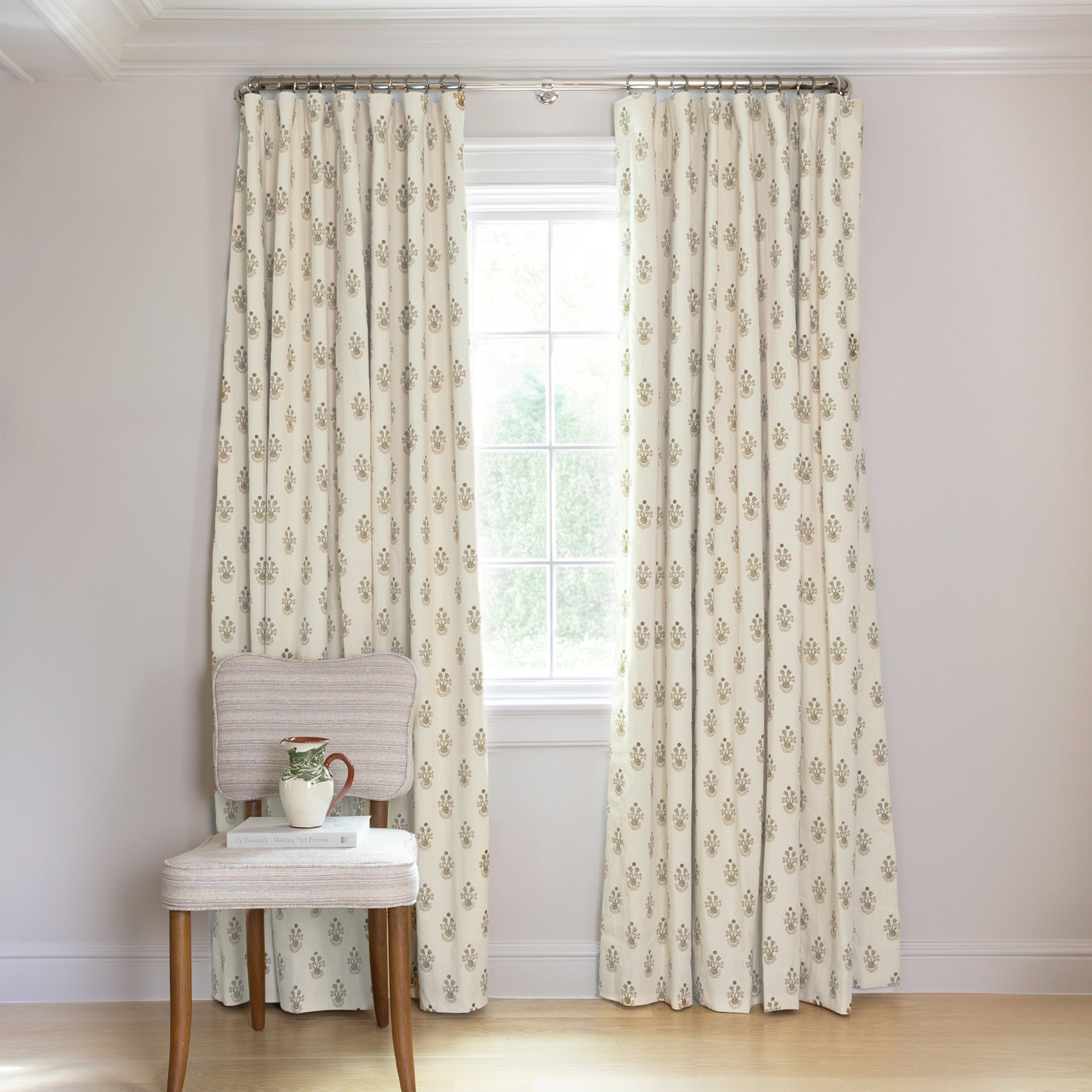 Lucie Clay Tailored Pleat curtains with subtle floral print on cream linen, made-to-order, short lead times, manufactured in the USA quality