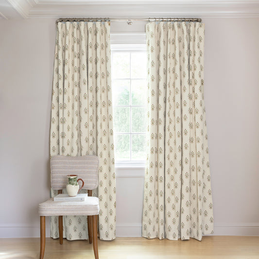 Lucie Clay Tailored Pleat curtains with subtle floral print on cream linen, made-to-order, short lead times, manufactured in the USA quality