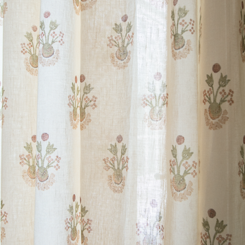 Lucie Clay sheer curtain fabric with soft botanical motifs on cream, made-to-order, short lead times, manufactured in the USA quality