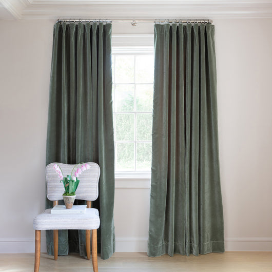 Fern Velvet Tailored Pleat solid green curtains by Pepper Home for custom made-to-order window treatments.