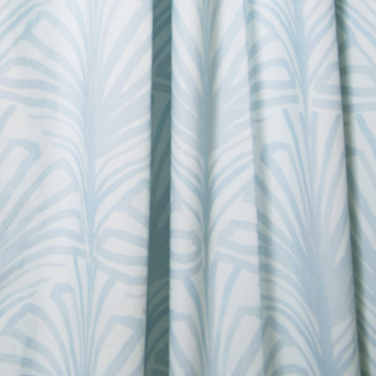 close up of Sky Blue Palm Printed Cotton curtain 