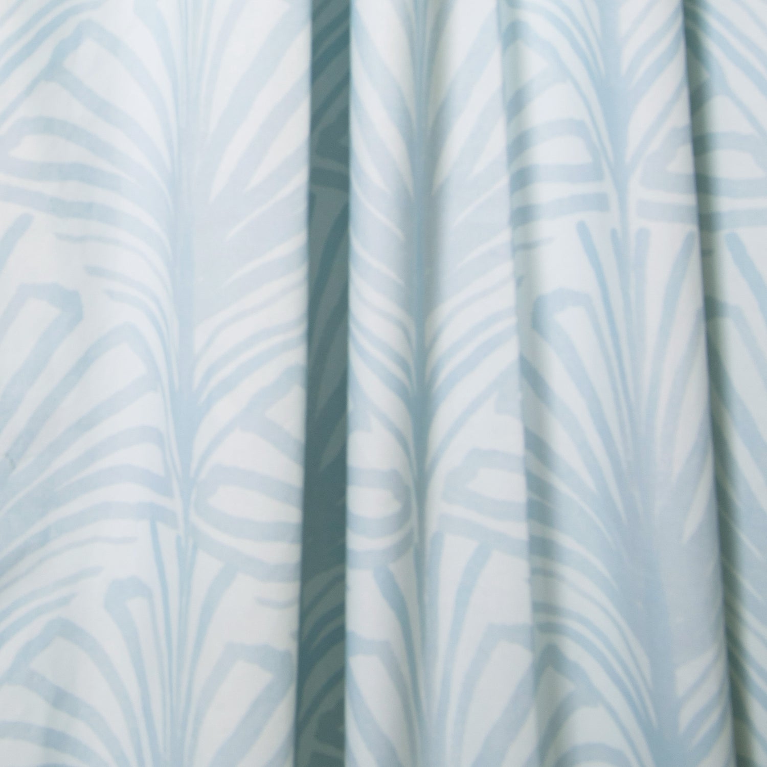 close up of Sky Blue Palm pattern curtain 