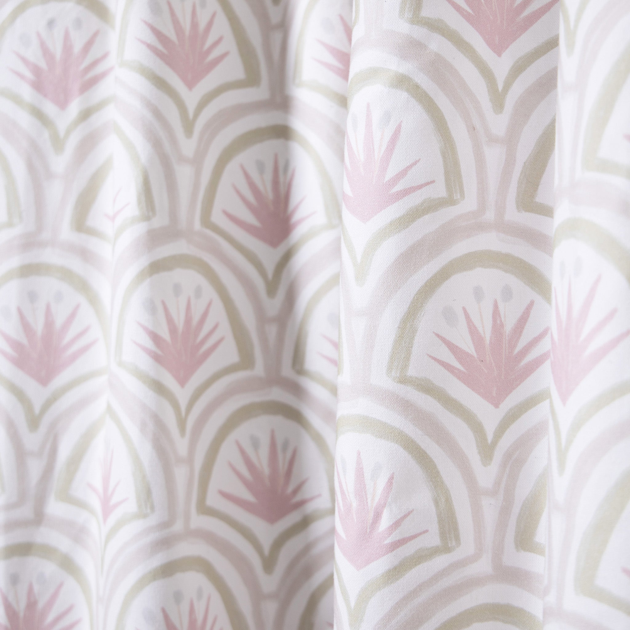 close up of Pink Art Deco Palm Printed Cotton curtain