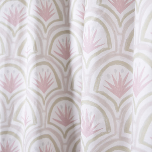 close up of Pink Art Deco Palm Printed Cotton curtain