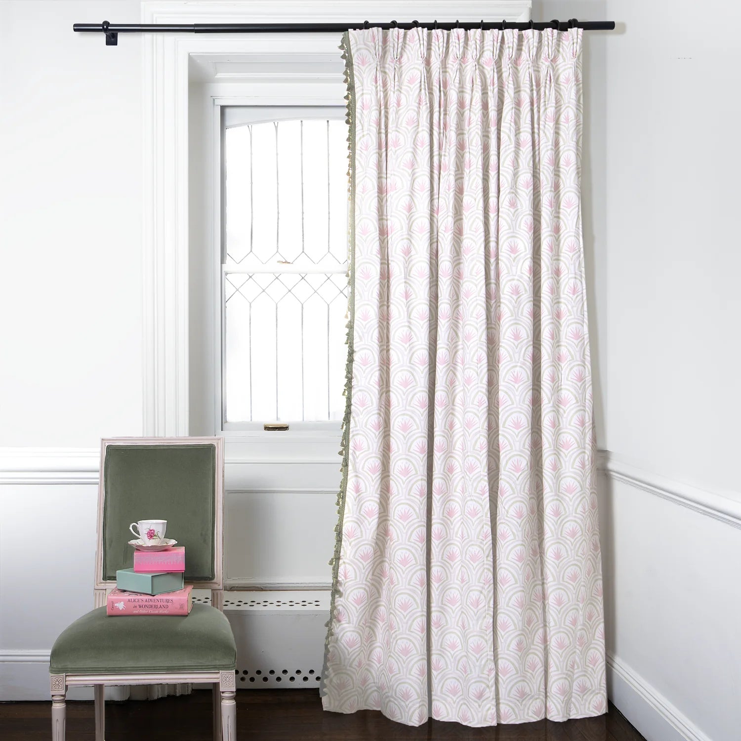 Thatcher Rose Curtain - Ring Top, 25"W x 82"L, Privacy Lining, Snow Pom Pom