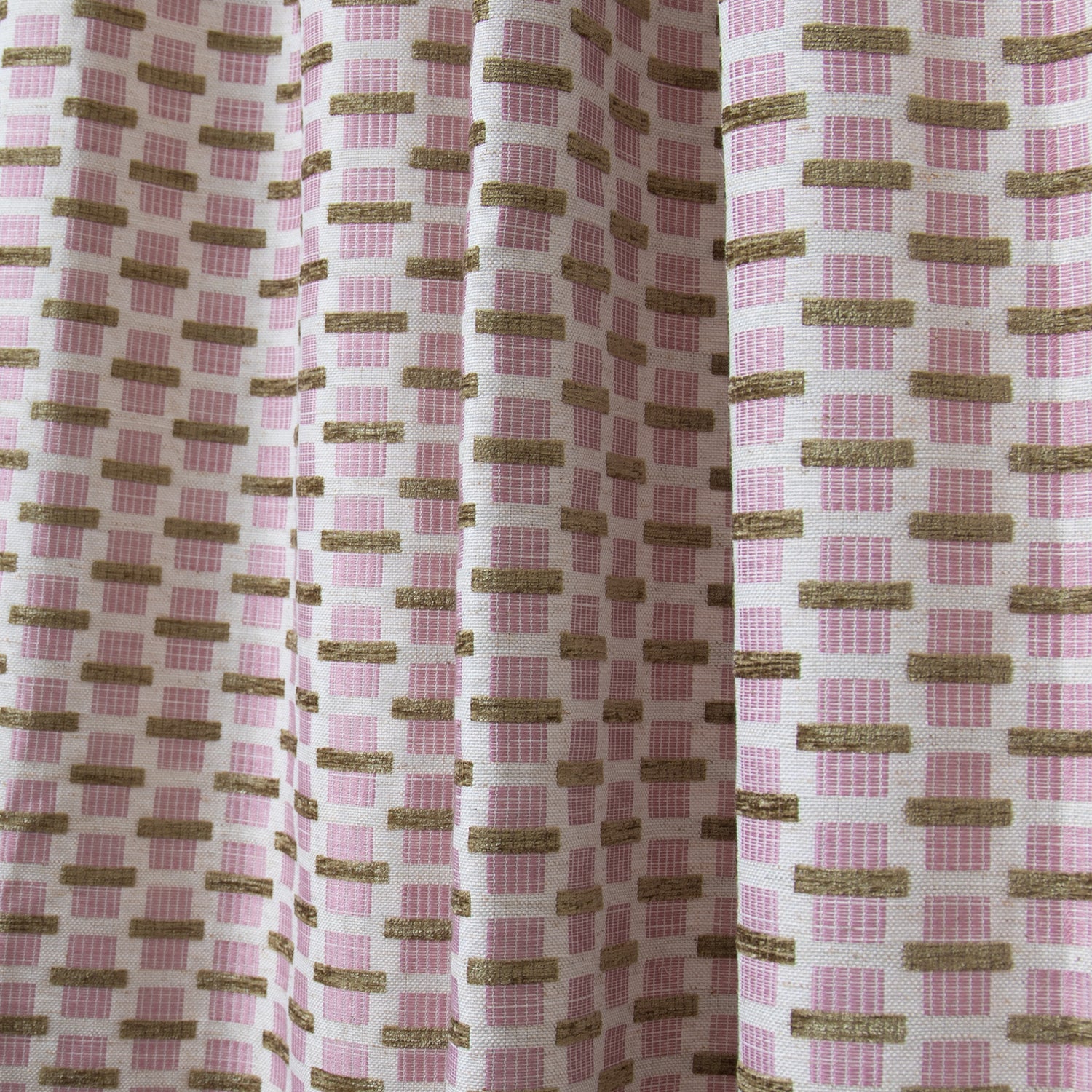  chenille and woven jacquard pink and citron geometric curtain close up 