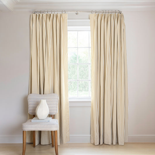 Louisa Camel Tailored Pleat curtains by Pepper Home, custom made-to-order window treatments for elegant room decor.