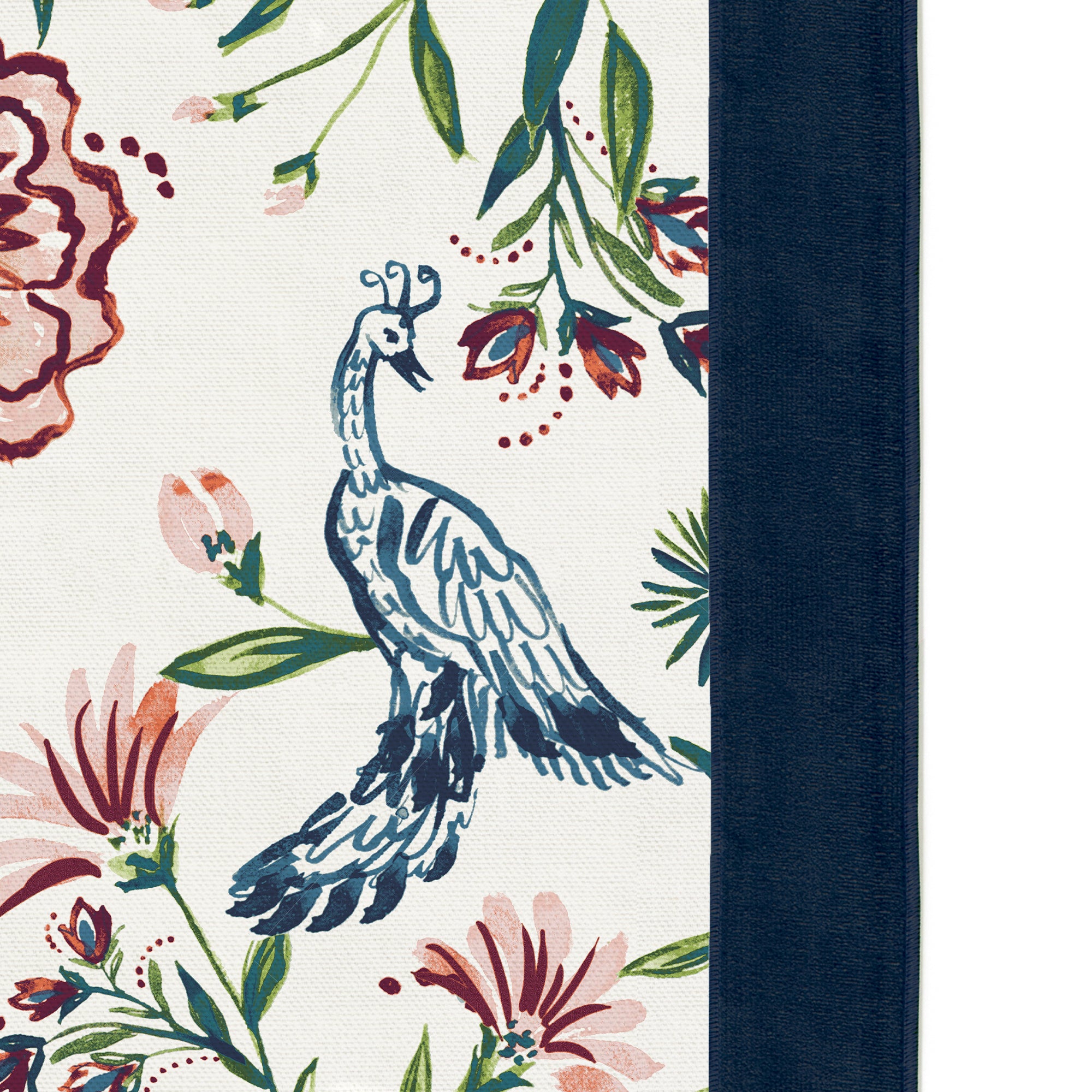 cream chinoiserie curtain with dark blue velvet band