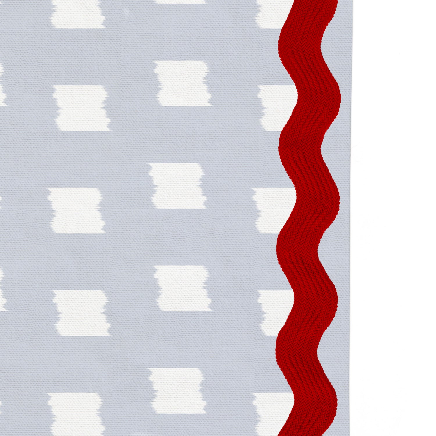 Upclose picture of Denton custom curtain with cherry rick rack trim