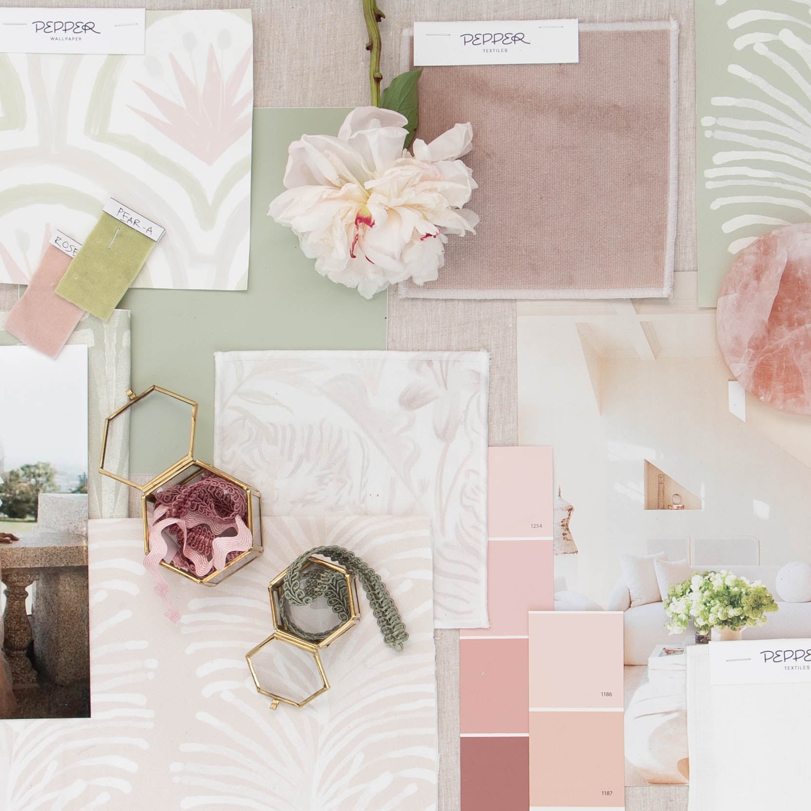 Interior design moodboard and fabric inspirations with Pink Art Deco Palm Printed Swatch, Pink Floral Printed Swatch, Pink Velvet Swatch, and Beige Chinoiserie Tiger Printed Swatch