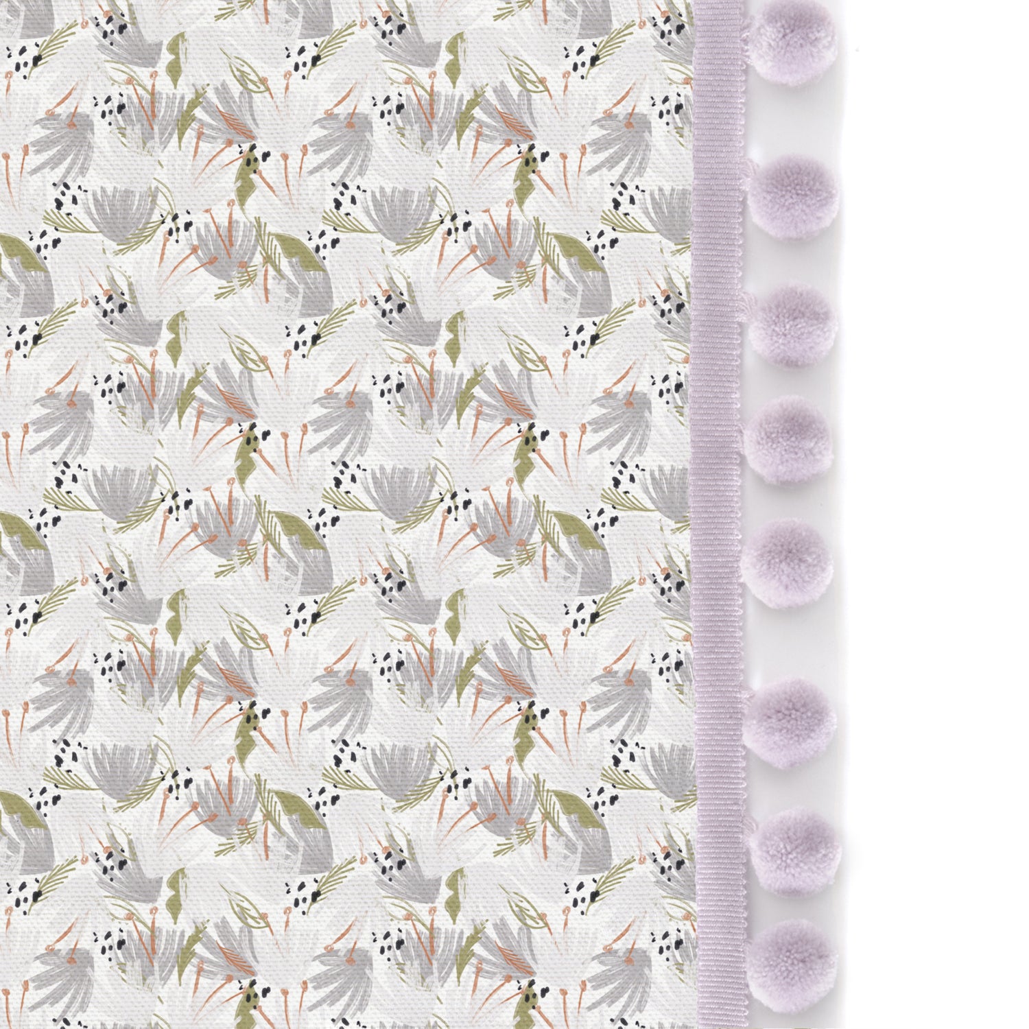 Upclose picture of Eden Grey custom Grey Floralcurtain with lilac pom pom trim