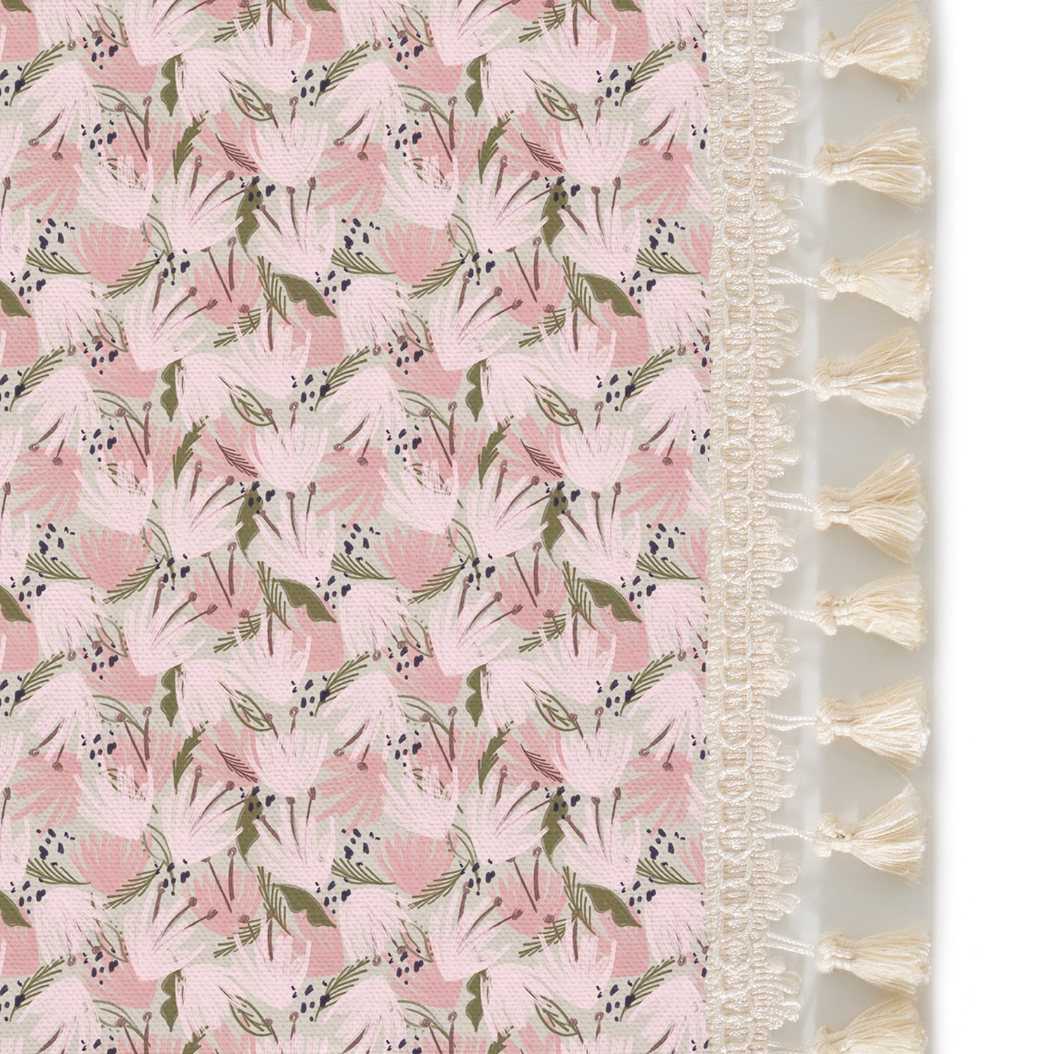 Upclose picture of Eden Pink custom curtain with cream tassel trim