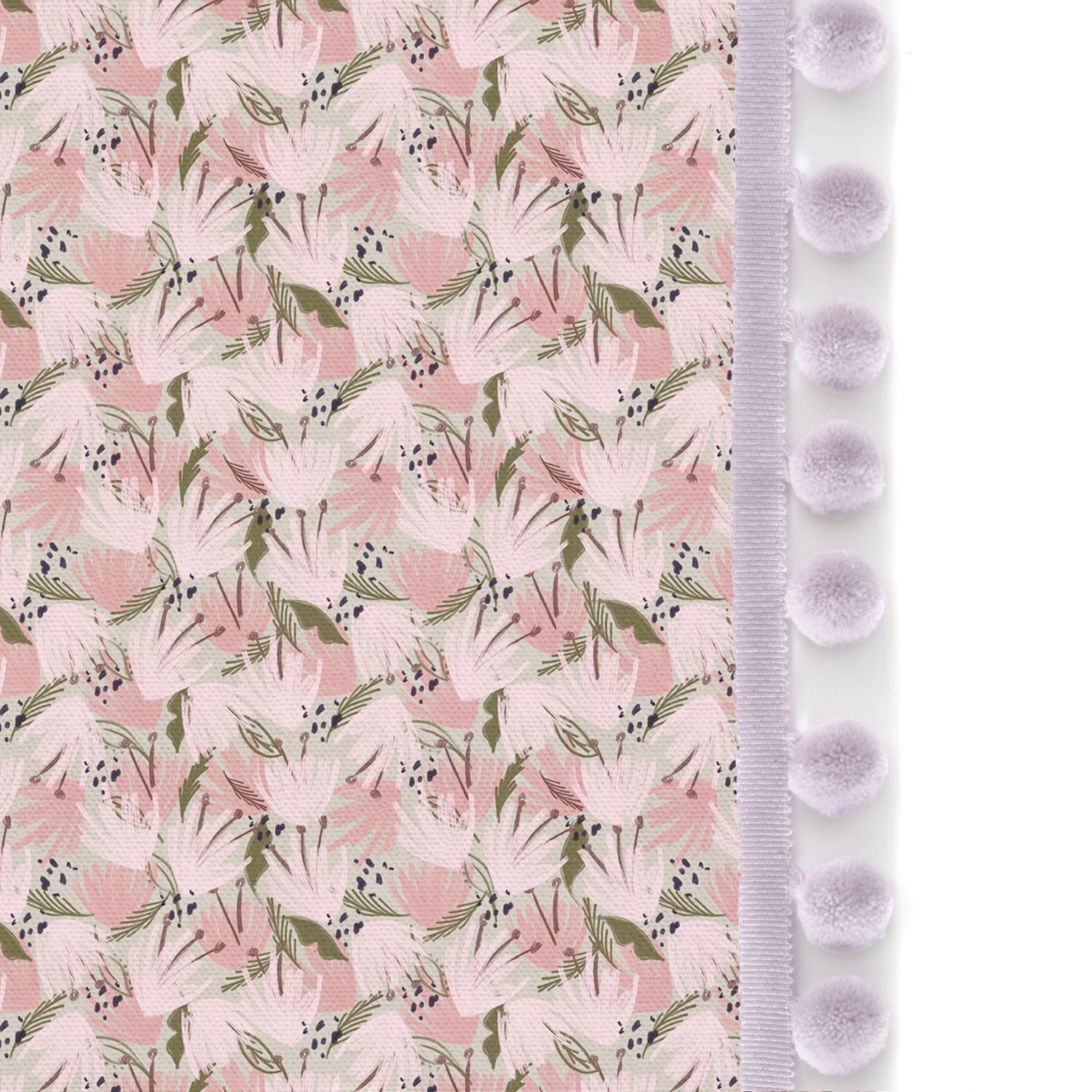 Upclose picture of Eden Pink custom Pink Floralcurtain with lilac pom pom trim