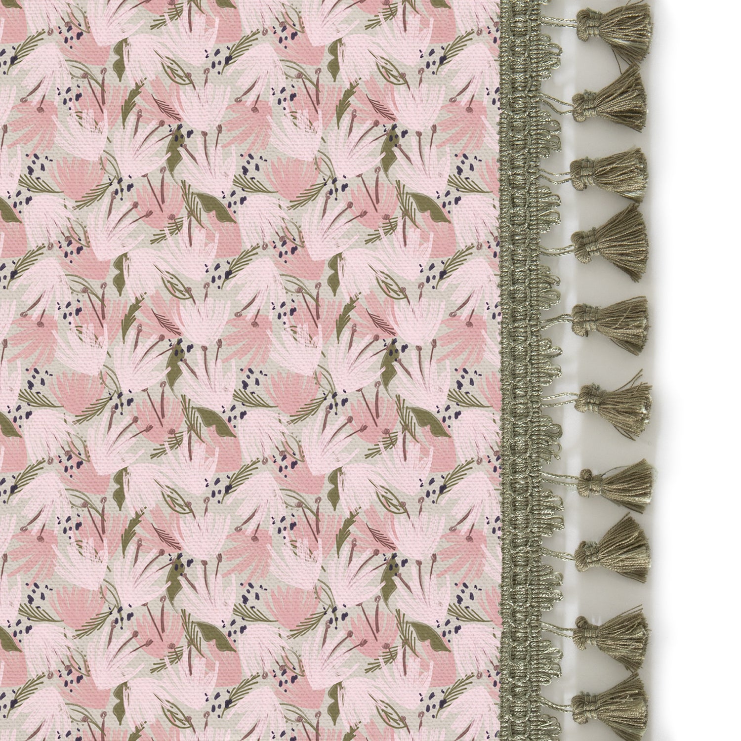 Upclose picture of Eden Pink custom Pink Floralcurtain with sage tassel trim