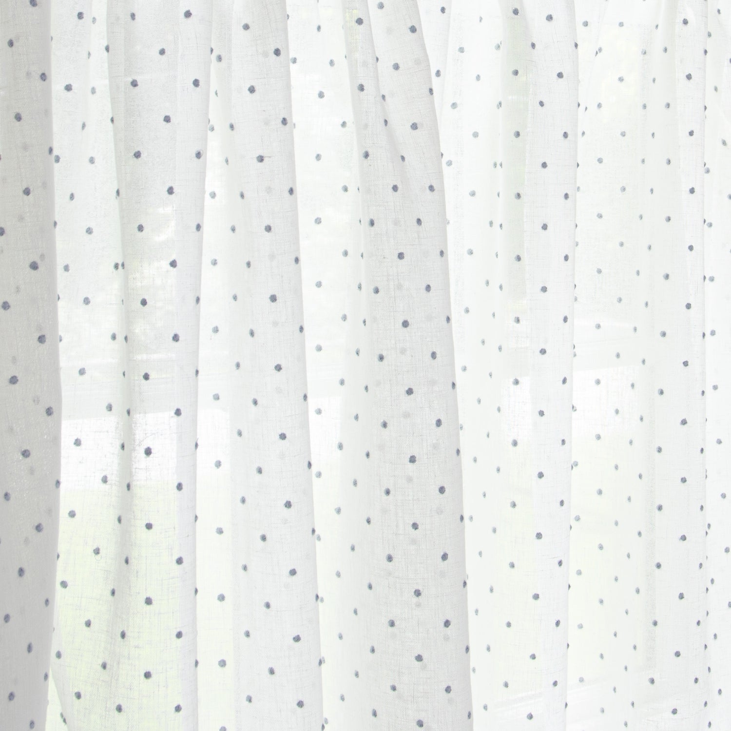 close up of white curtain with sky blue polka dots