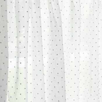 close up of white curtain with sky blue polka dots