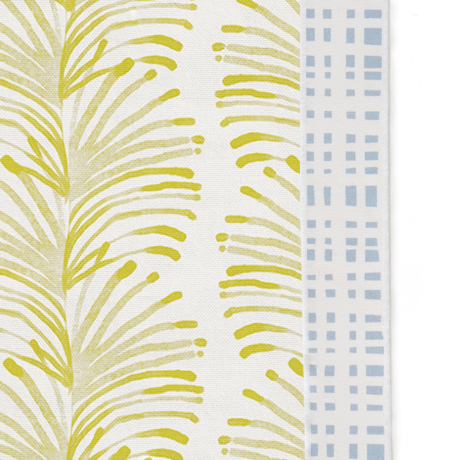 Upclose picture of Emma Chartreuse custom shower curtain with ginger sky band trim
