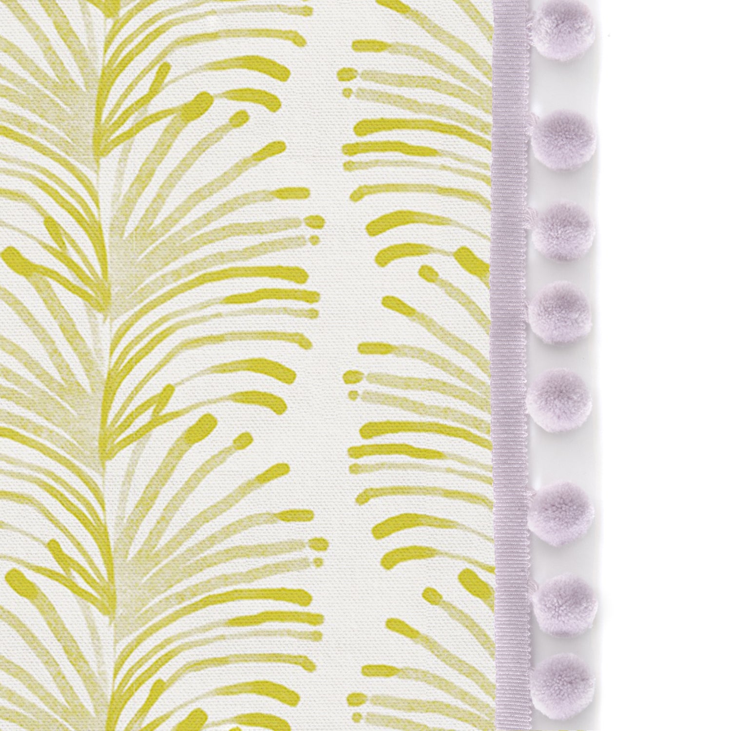 Upclose picture of Emma Chartreuse custom curtain with lilac pom pom trim