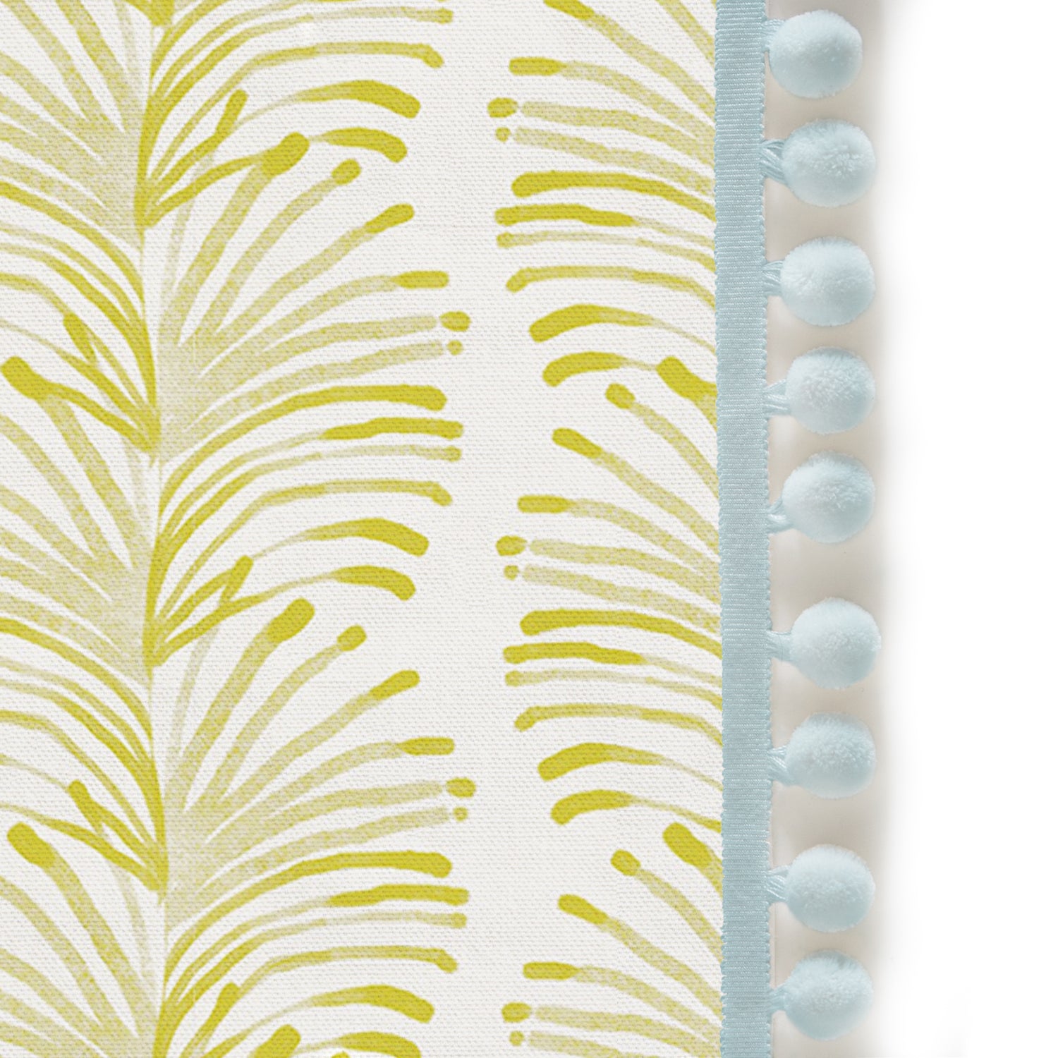 Upclose picture of Emma Chartreuse custom shower curtain with powder pom pom trim