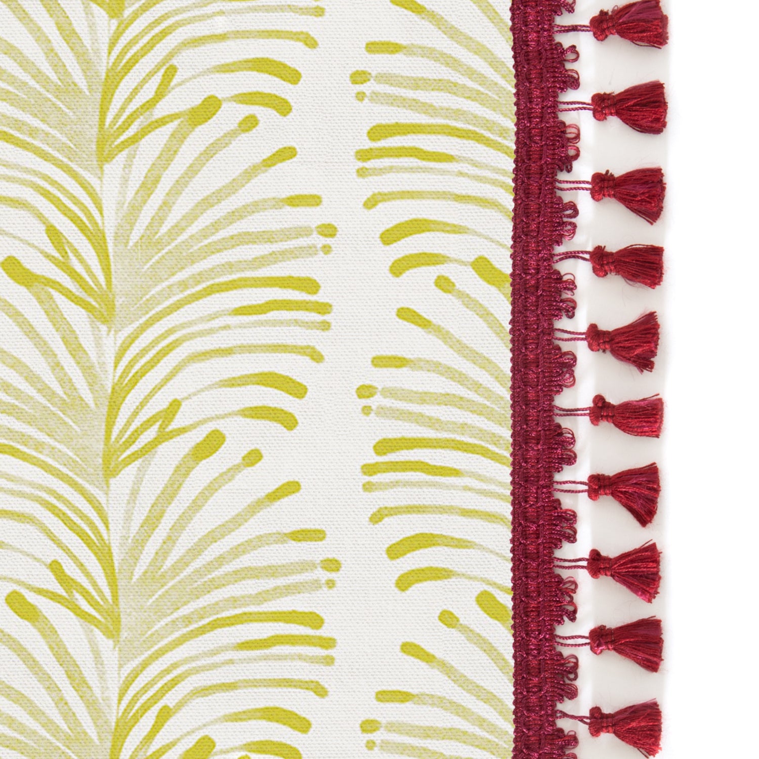 Upclose picture of Emma Chartreuse custom shower curtain with chartreuse raspberry tassel trim
