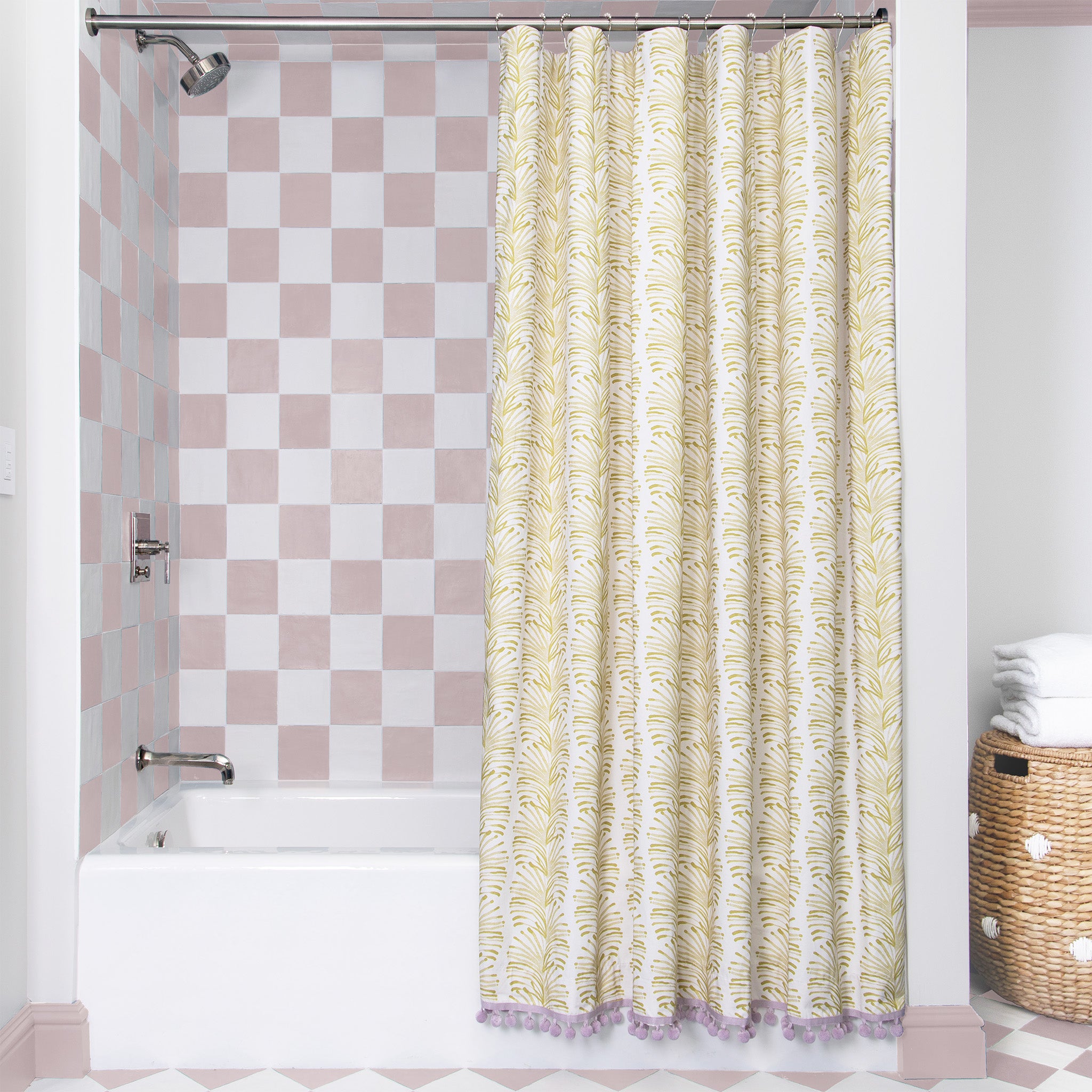 Bath styled with Yellow Stripe Chartreuse Shower Curtain on metal rod with pink and white checkered wallpaper