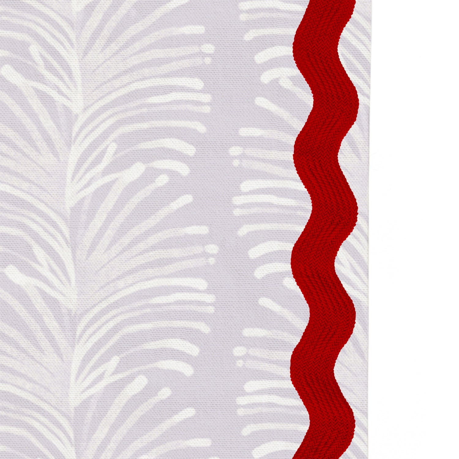 Upclose picture of Emma Lavender custom shower curtain with cherry rick rack trim