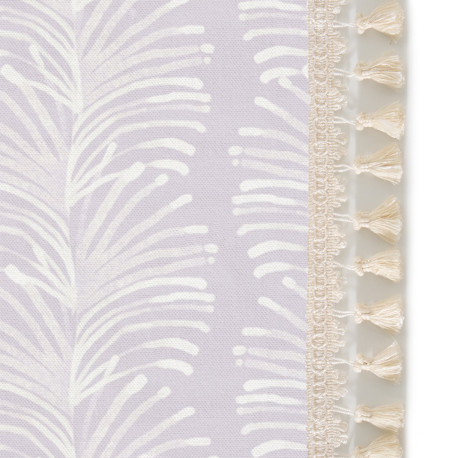 Upclose picture of Emma Lavender custom shower curtain with cream tassel trim