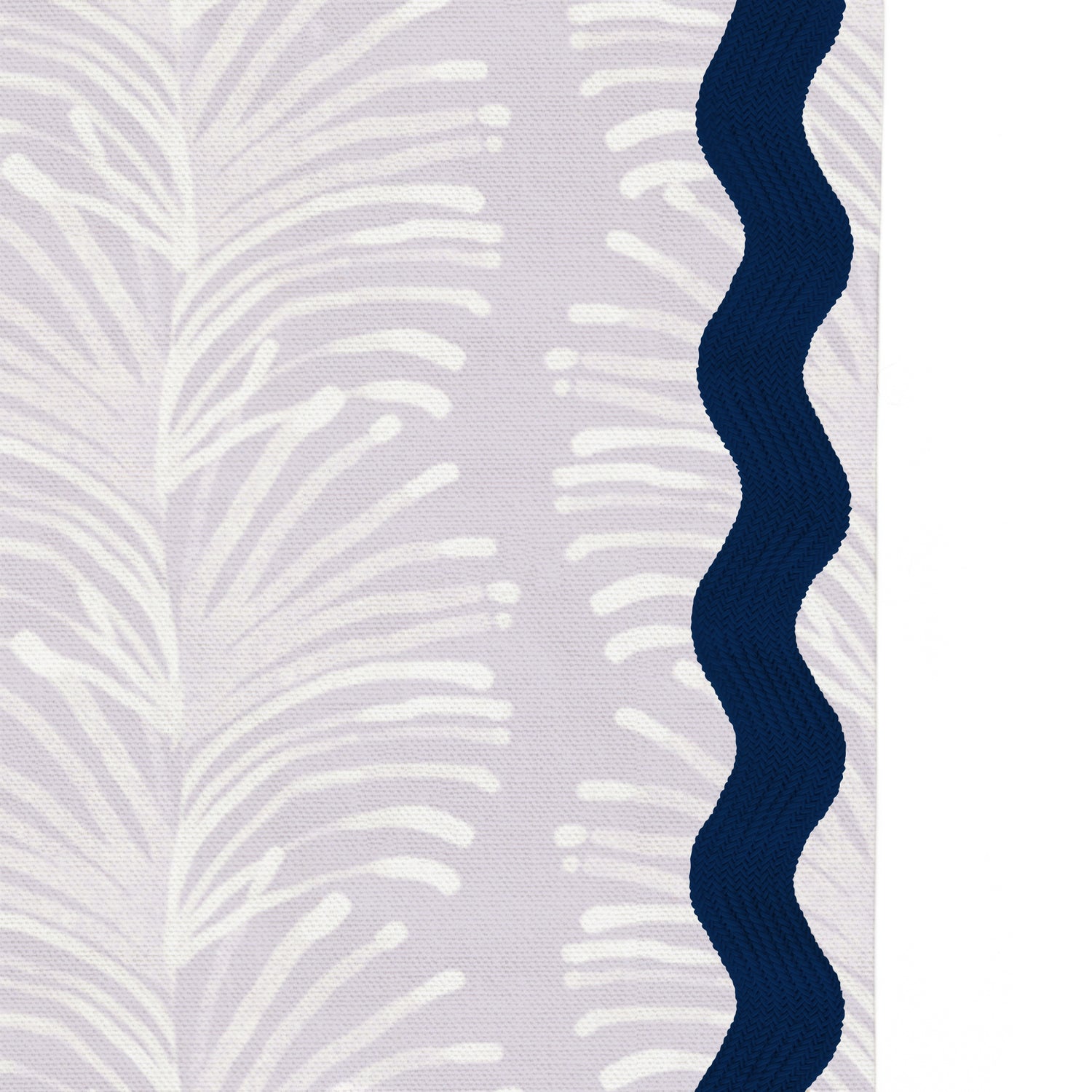 Upclose picture of Emma Lavender custom shower curtain with midnight rick rack trim