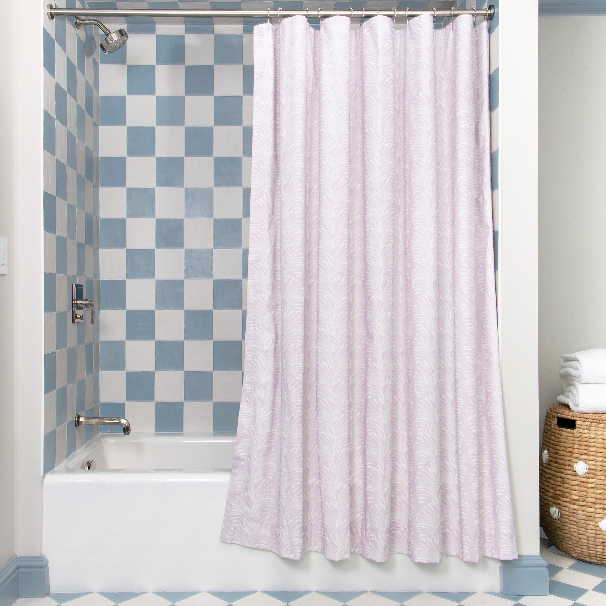 Bath styled with Lavender Botanical Stripe Printed Shower Curtain on metal rod with blue and white checkered wallpaper