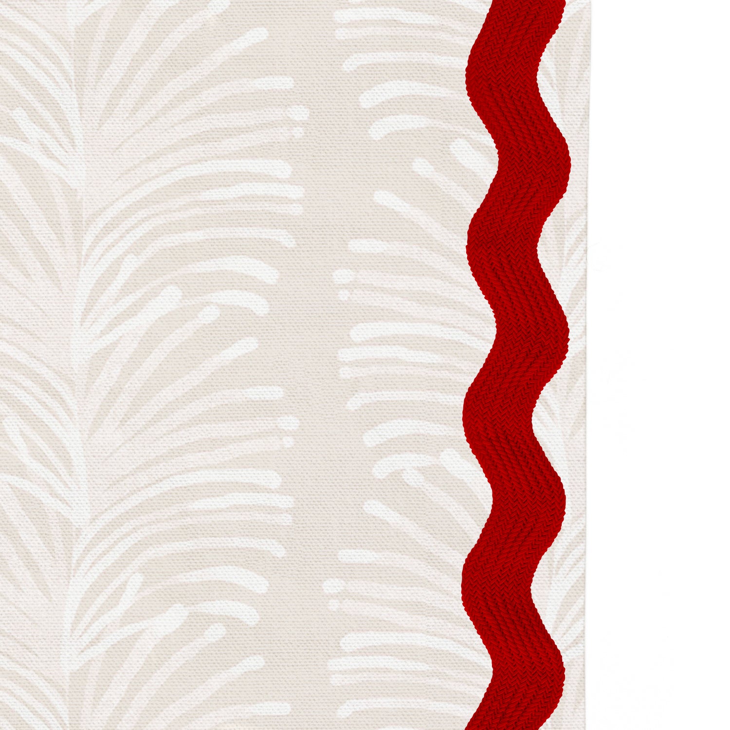 Upclose picture of Emma Sand custom Beige Botanical Stripeshower curtain with cherry rick rack trim