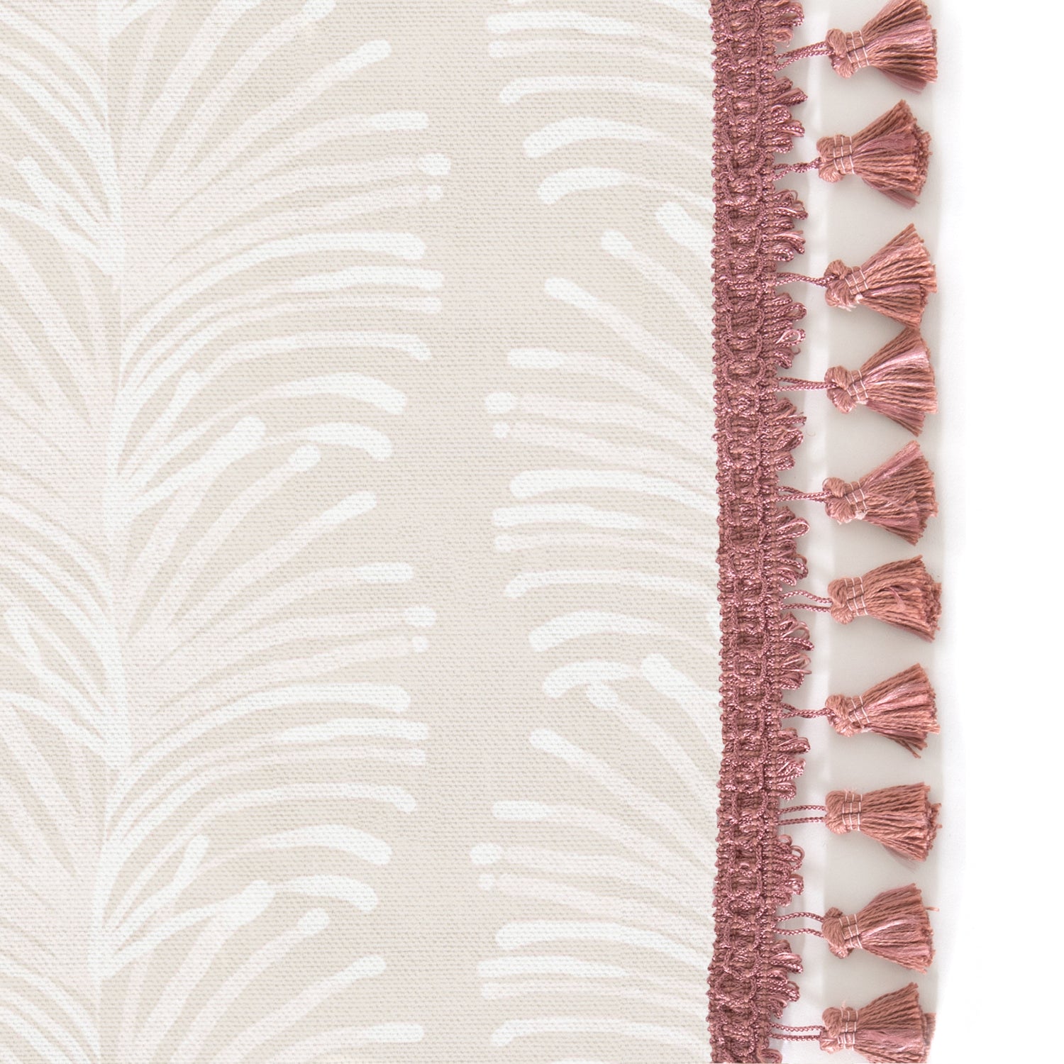 Upclose picture of Emma Sand custom Beige Botanical Stripeshower curtain with dusty rose tassel trim
