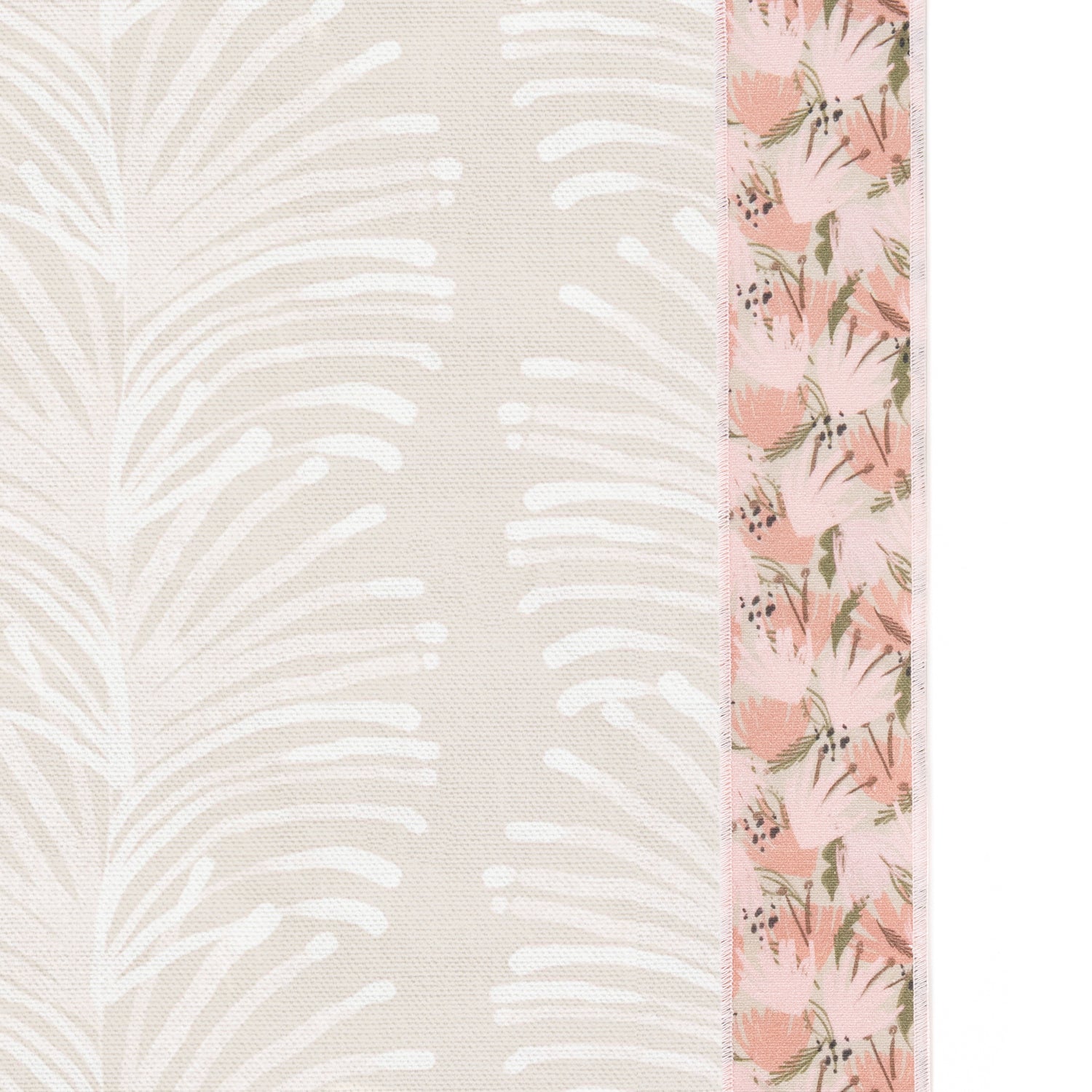 Upclose picture of Emma Sand custom Beige Botanical Stripeshower curtain with eden pink band trim