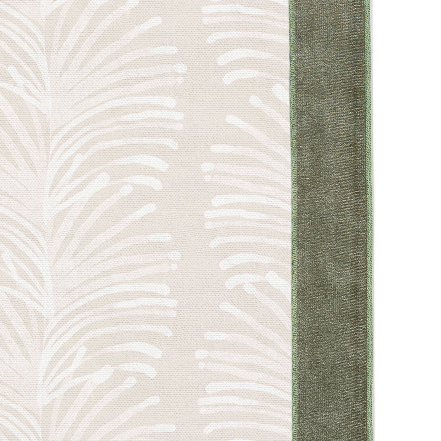 Upclose picture of Emma Sand custom Beige Botanical Stripeshower curtain with fern velvet band trim