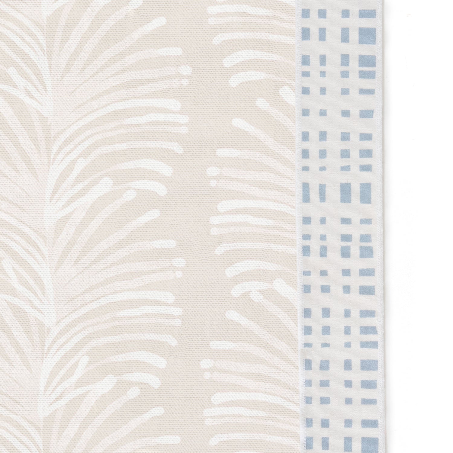 Upclose picture of Emma Sand custom Beige Botanical Stripeshower curtain with ginger sky band trim