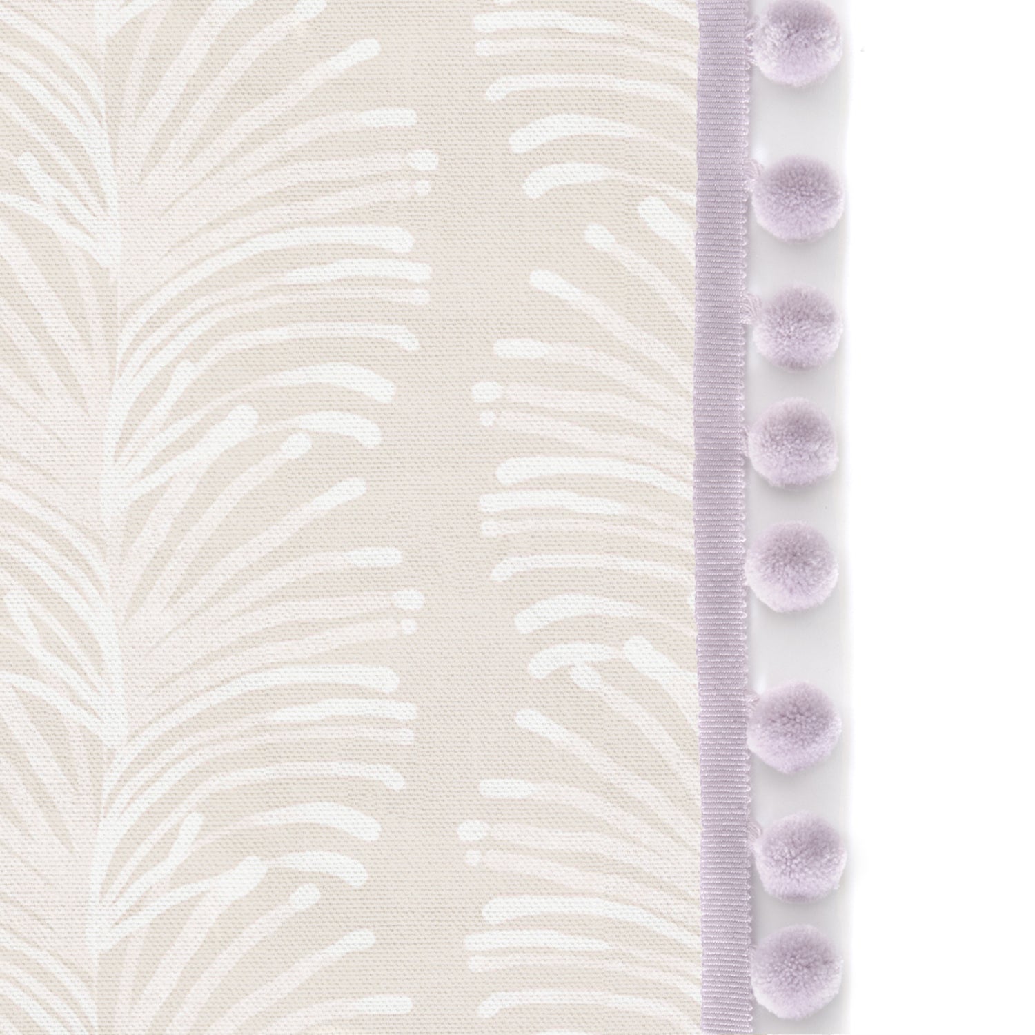 Upclose picture of Emma Sand custom Beige Botanical Stripeshower curtain with lilac pom pom trim