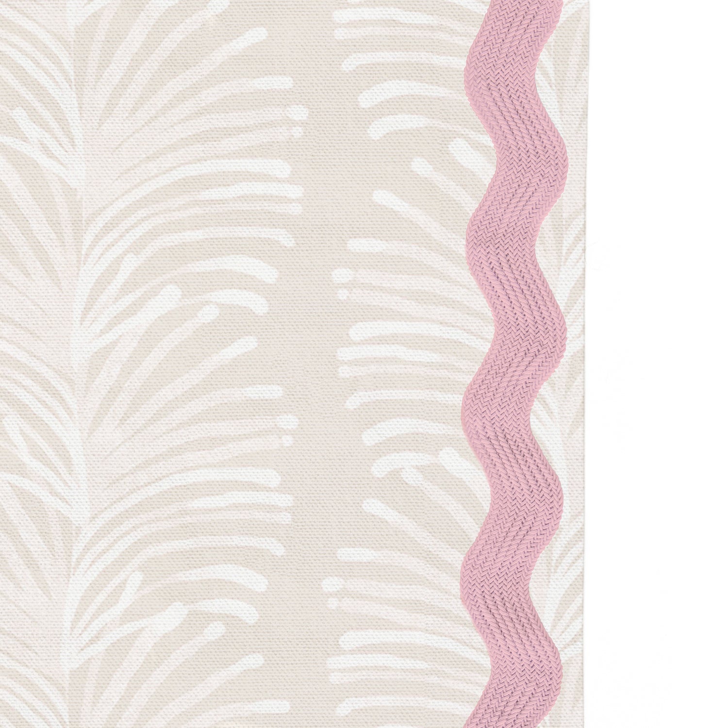 Upclose picture of Emma Sand custom shower curtain with peony rick rack trim