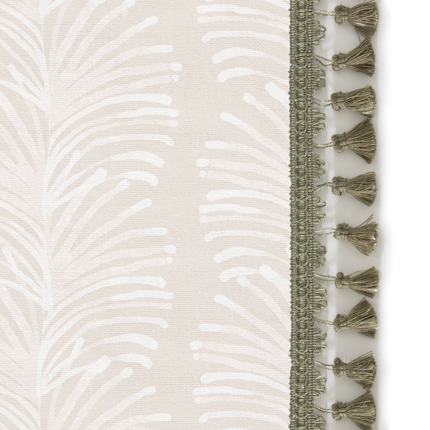 Upclose picture of Emma Sand custom Beige Botanical Stripeshower curtain with sage tassel trim