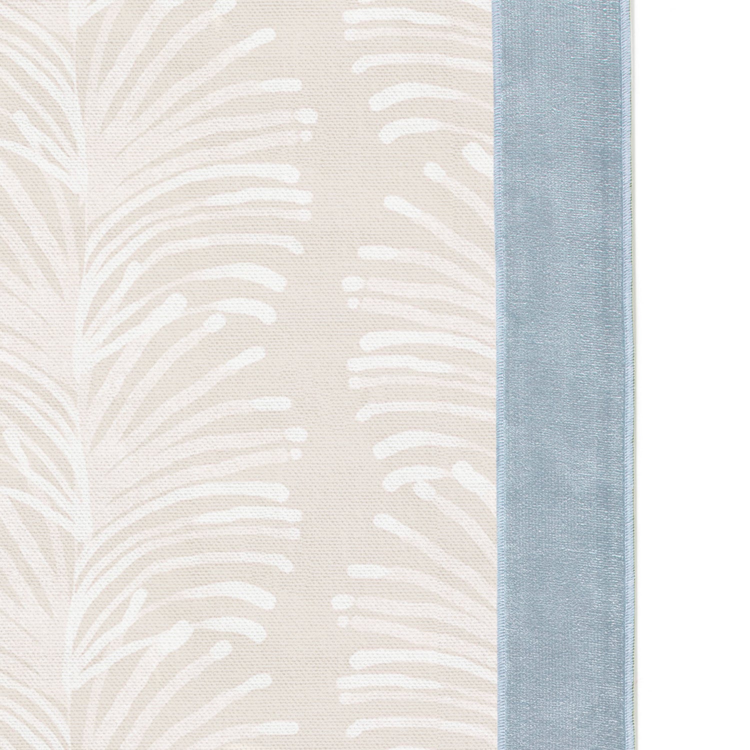 Upclose picture of Emma Sand custom Beige Botanical Stripeshower curtain with sky velvet band trim