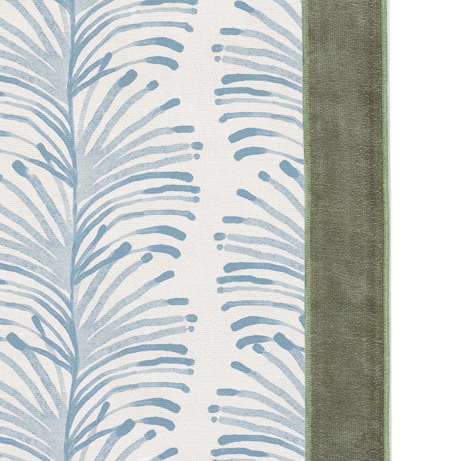 Upclose picture of Emma Sky custom Sky Blue Botanical Stripecurtain with fern velvet band trim
