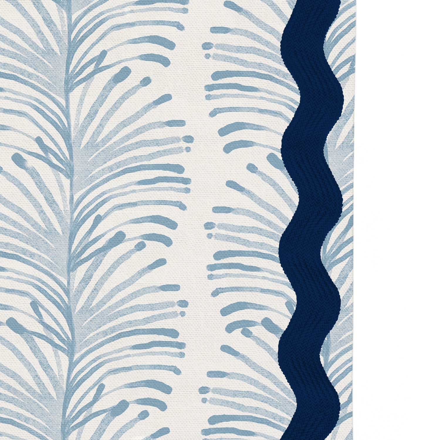 Upclose picture of Emma Sky custom Sky Blue Botanical Stripeshower curtain with midnight rick rack trim